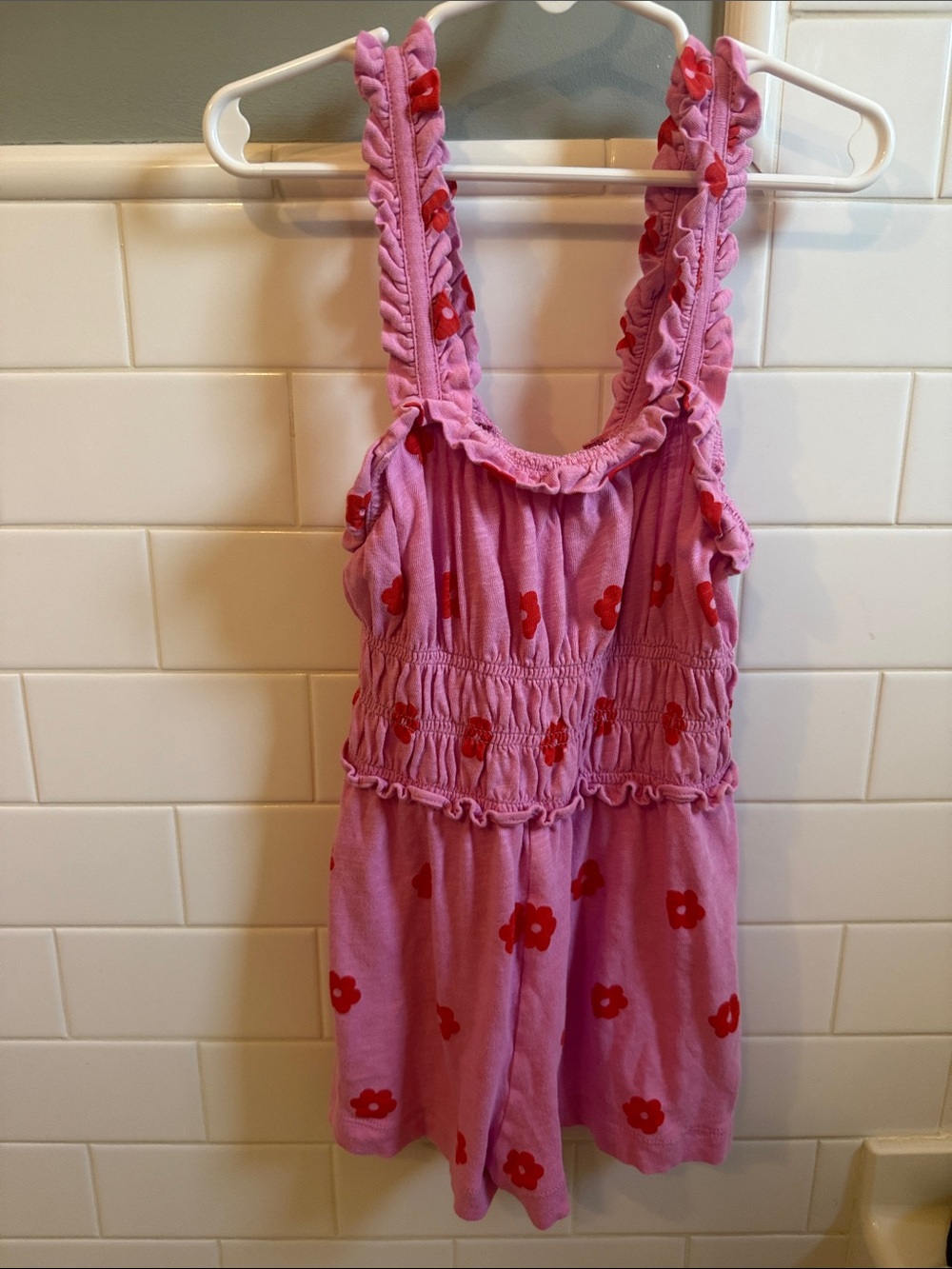 Crew cuts Girls Pink Floral Smocked Tank romper- Bright Red Flowers